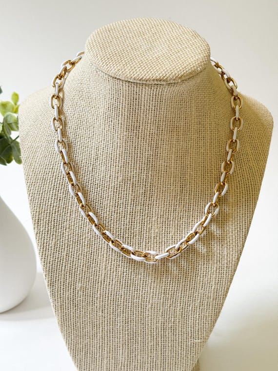 Simple Stainless Steel Gold and White Enamel Chain Necklace | Short | Summer