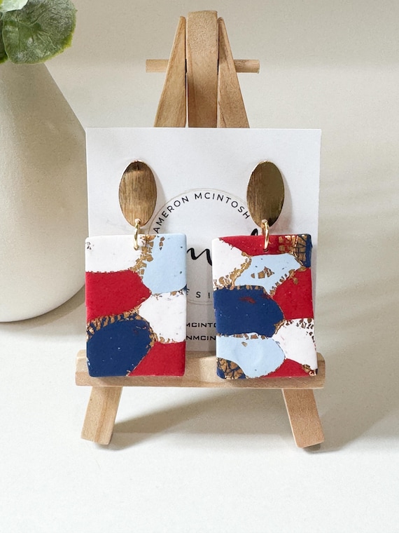 Red White and Blue Polymer Clay Earrings on Oval Gold Post | Rectangle | Lightweight | 4th of July | Patriotic | Ole Miss