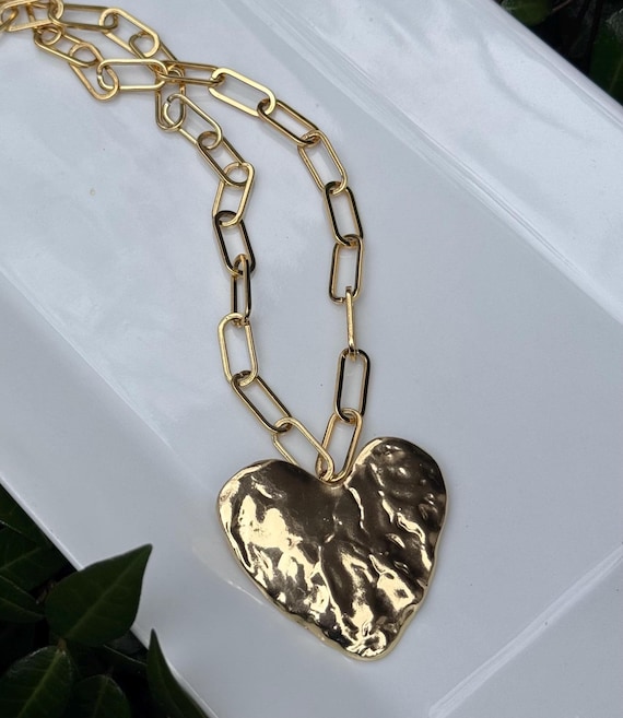 Gold Paperclip and Heart Necklace