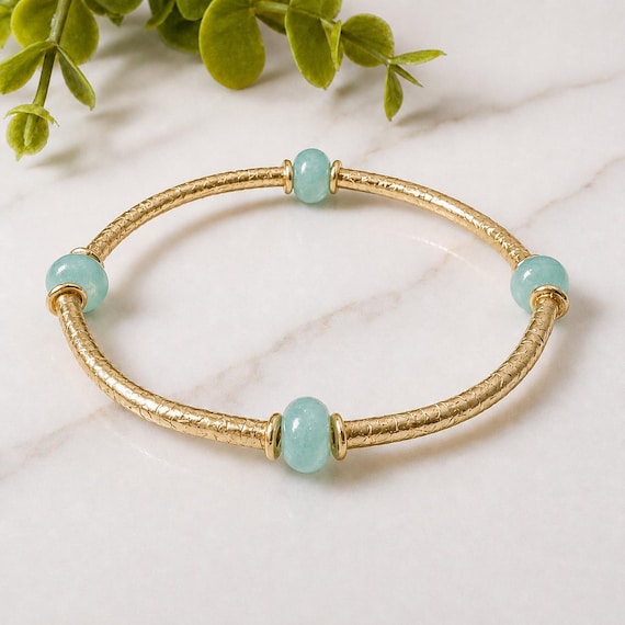 Gold Tube + Aqua Blue Glass Candy Bead Stretch Bracelet | Bangle | Stackable Beaded | Summer Bracelet | Everyday Jewelry | Gifts For Her