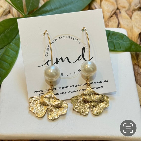 Gold Ginkgo and Pearl Earrings