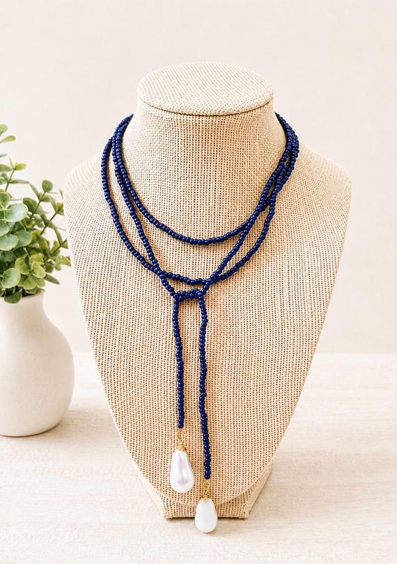 Navy Blue Glass Seed Bead Lariat Necklace | Baroque Shell Pearl Pendants | 54” Wrap | Game Day