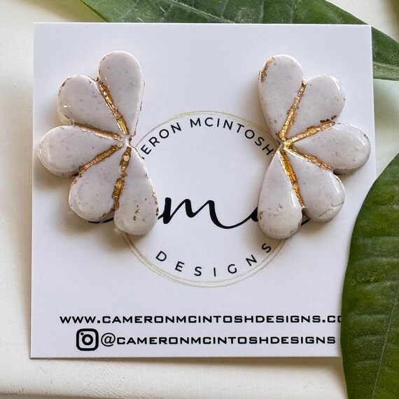 White Polymer Clay Flower Studs | Gold Accents