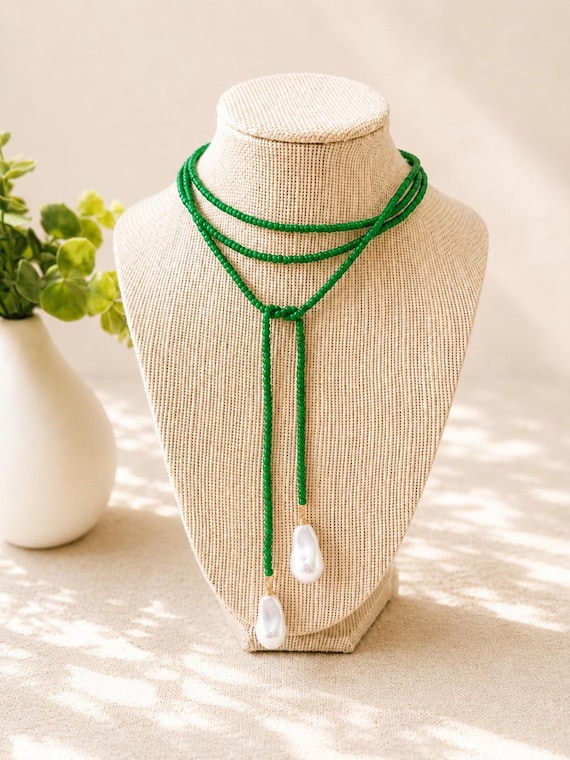Green Glass Seed Bead Lariat Necklace | Baroque Shell Pearl Pendants | 54” Long Wrap