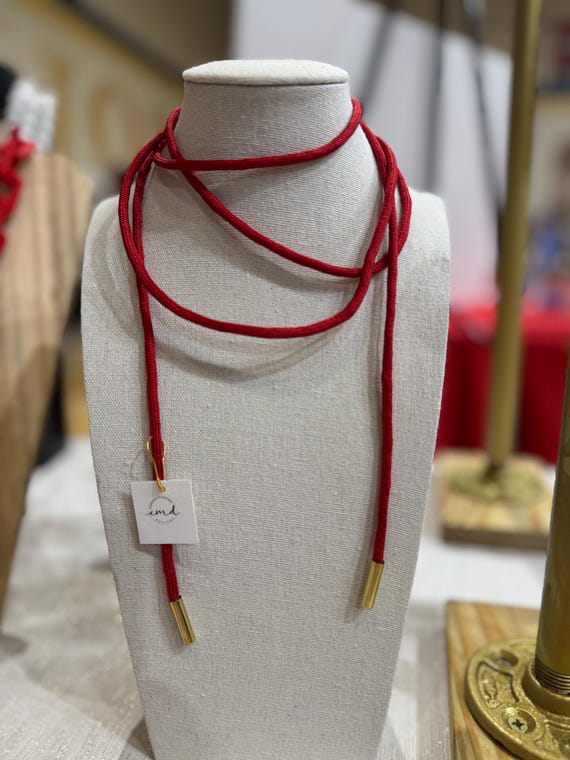 Long Red Cord Wrap Necklace with Gold Ends