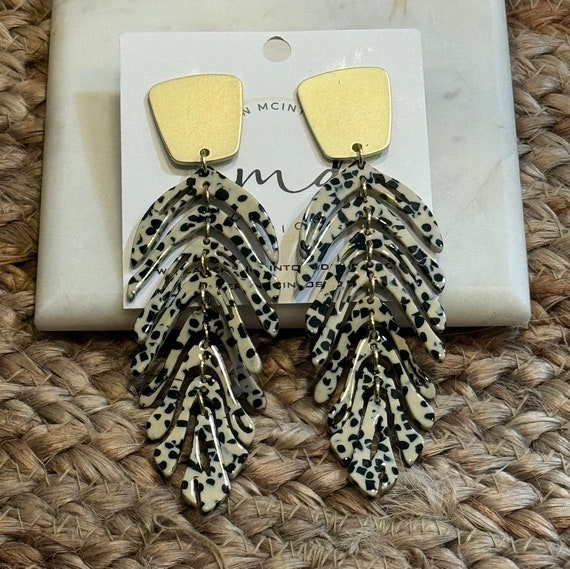 Long Black and White Leaf Earrings