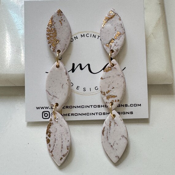 White and Gold Triple Marquis Polymer Clay Drop Earrings