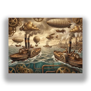 Könnte beinhalten: Eine Illustration im Steampunk-Stil mit Schiffen, Luftschiffen und Flugzeugen. Das Bild wird von Braun-, Gold- und Blautönen dominiert, mit Zahnrädern und industriellen Elementen. Die Szene spielt auf dem Wasser und am Himmel.