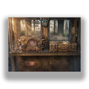 以下が含まれることがあります： スチームパンクをテーマにしたアートワーク。詳細な真鍮製のラジオと、それに合わせたスーツケースが描かれています。ラジオにはダイヤルとスピーカーがあり、スーツケースには留め金とハンドルが付いています。ファンタジーな風景が見える窓も含まれています。
