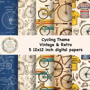 May include: A collection of five 12x12 inch digital papers featuring cycling themes. Designs include blue bicycle blueprints, vintage penny-farthing bicycles with flowers, retro striped bikes, sepia-toned bicycle parts, and yellow cycling jerseys.