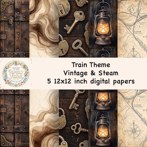 Vintage & Steam Collection Digital Paper, 5 Design Patterns, Scrapbook, Journal, Crafts, Train Theme