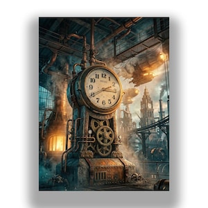 Könnte beinhalten: Steampunk-Illustration mit einer großen Uhr mit sichtbaren Zahnrädern und dem Markennamen Seiko. Die Uhr befindet sich in einer industriellen Umgebung mit Rohren, Schornsteinen und Luftschiffen. Die Farbpalette umfasst Brauntöne, Kupfer und Blau.