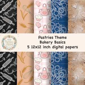Bakery Basics Collection Pastries Theme | Digital Paper Instant Download | 5 Design Patterns | Scrapbooking, Journalling, Crafts