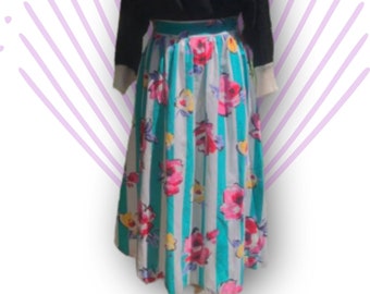 Vintage 80s Floral Stripe Midi Skirt/1980s Vintage Colorful Cotton Skirt/High Waist Casual Skirt Size Medium