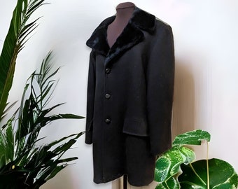 Vintage Men's Faux Fur Lined Pea Coat/1970s Black Wool Overcoat Size 40