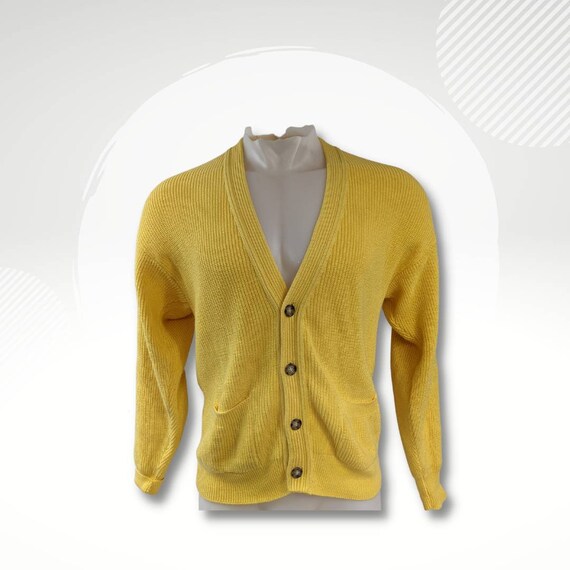 Vintage 60s Lord Jeff Cardigan/1960s Knit Button Down Sweater/Yellow Men's Sweater with Pockets Size Small
