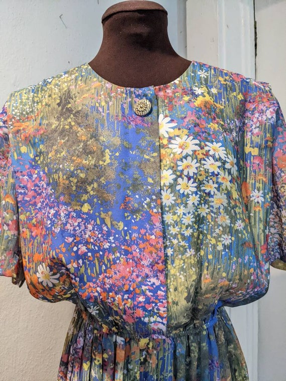 Vintage 80s Impressionist Floral Dress/Pastel Dre… - image 7