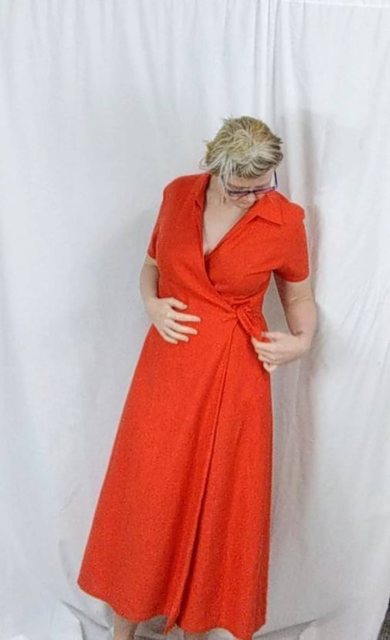 Vintage Linen Wrap Dress, 1990s Orange Tie Dress,