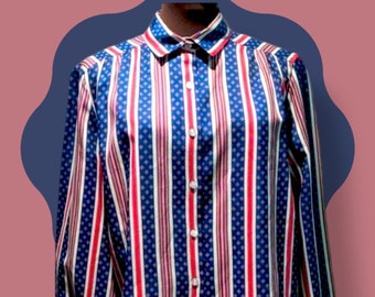 Vintage jaren '80 gestreepte blouse/jaren '80 Puff Sleeve Top/Rood en Wit Gestreept Shirt/Vintage Button Up Shirt