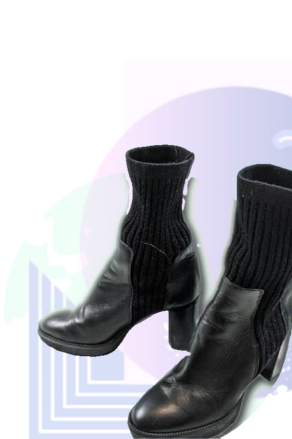 Black Leather Platform Sock Boots 1990s Vintage Aq