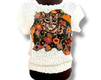 Upcycled Vintage Bunt Gestickte Blumenkatze SegueSweatshirt