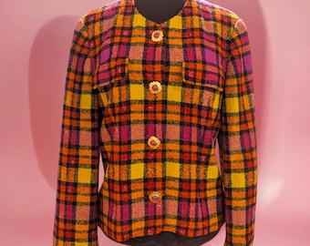 1960s Vintage Bright Plaid Wool Blazer with Pink Gold Flower Buttons
