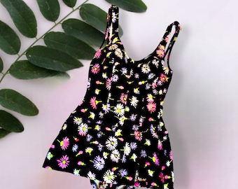 Vintage 60s Daisy Print Swimsuit/1960s One-piece With Skirt