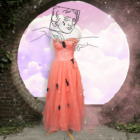 Peach Tulle Dress With Bows, 1940s Vintage Tealeng