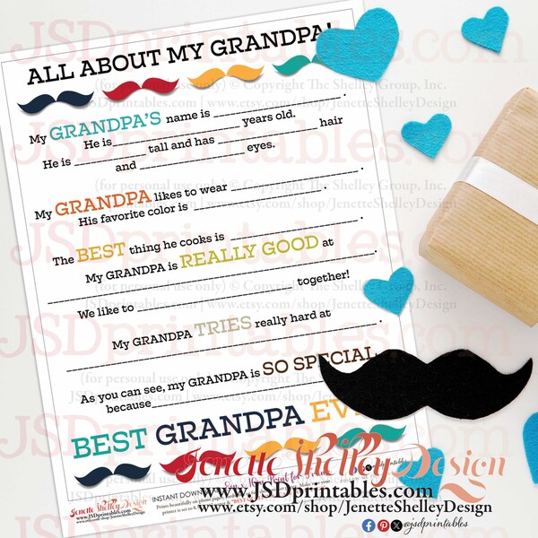 All About Grandpa Gift for Birthday Mustache Gift for Grandpa Fathers Day Keepsake, Mustache Keepsake Letter from Kid | Instant Download