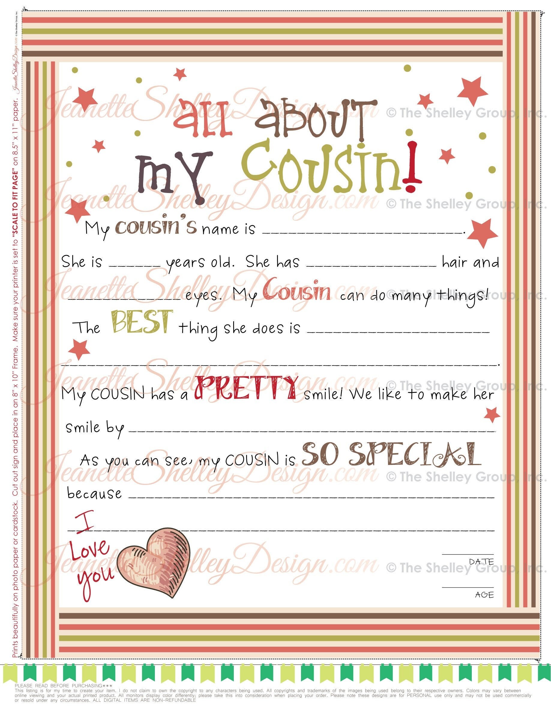 All About My Cousin printable Letter Instant Download... Etsy