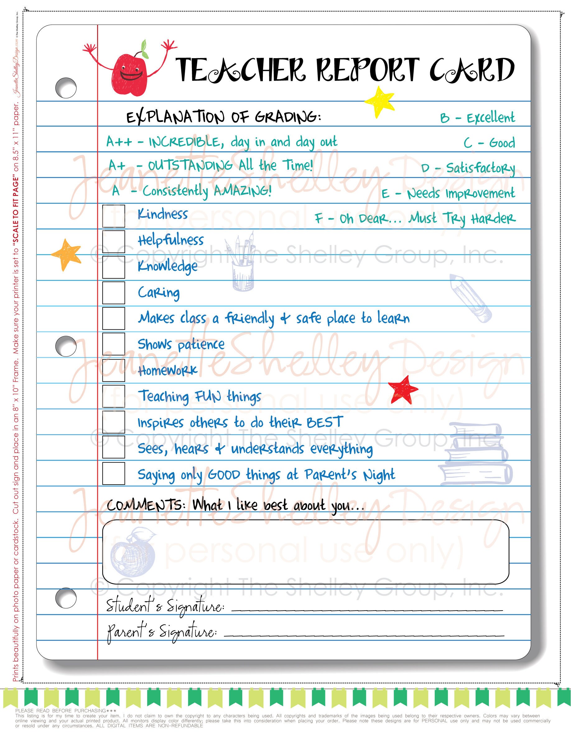 Teacher Report Card 8x10 Printable Instant Etsy UK