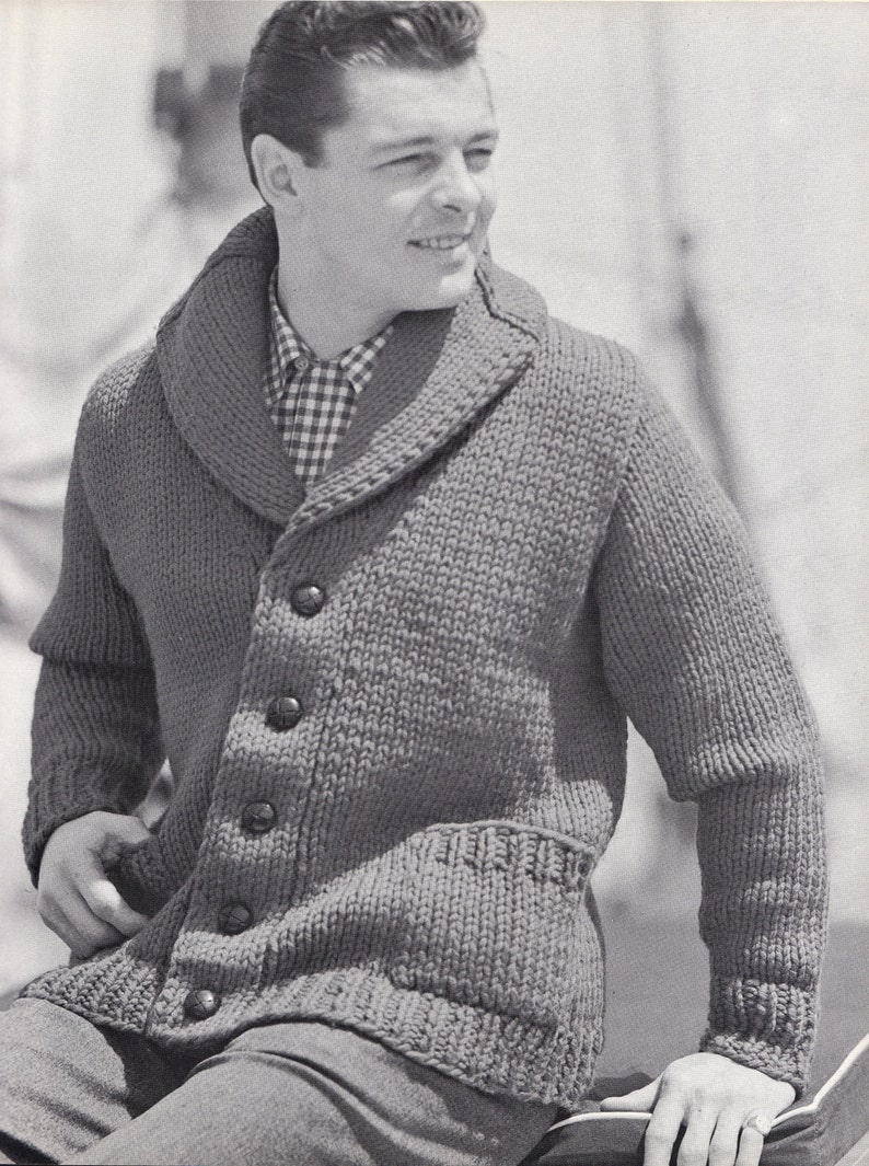 Knit Mens Cardigan with Shawl Collar Vintage Knitting PDF Etsy