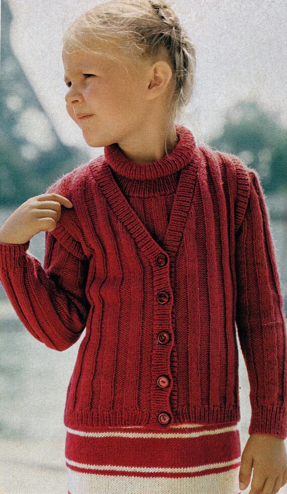 Knit Girls Dress And Sleeveless Cardigan 1970 S Vintage Knitting Pdf Pattern