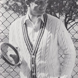 PATTERN Knit Mens Cabled Tennis Cardigan Vintage PDF PATTERN