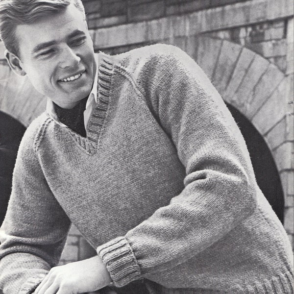 PATTERN Knit Mens V-Neck Pullover with Raglan Sleeves Vintage PDF PATTERN