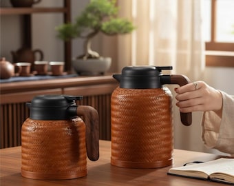 Bamboo Woven Thermos Pot Stainless Steel Tea Kettle Water Bottle Insulated Retro Home