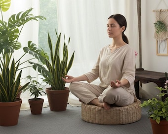 Cuscino in paglia tatami intrecciata, futon, seduta da pavimento, bovindo, meditazione, yoga, fibra naturale