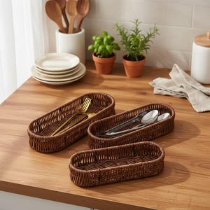 1 Set Rattan Cutlery Organizer Basket Handwoven Tableware Storage Holder Rustic Kitchen Utensil Caddy image 4