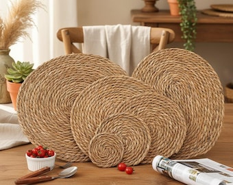 Japanese Sedge Weave Insulated Round Placemat Boho Eco Friendly Natural Table Decor