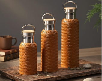 Bamboo Woven Thermos Cup Insulated Stainless Steel Bottle Portable Handle Vintage Drinkware