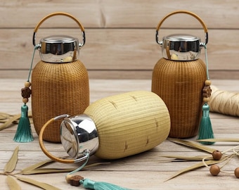 Bamboo Woven Thermos Cup Stainless Steel Bottle Portable Handle Insulated Retro Drinkware