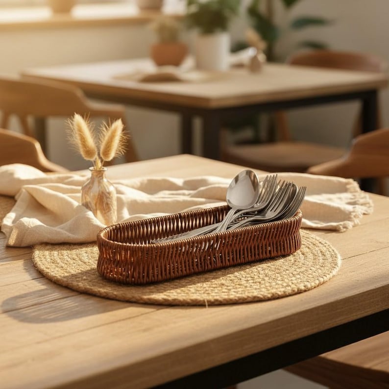 1 Set Rattan Cutlery Organizer Basket Handwoven Tableware Storage Holder Rustic Kitchen Utensil Caddy image 3