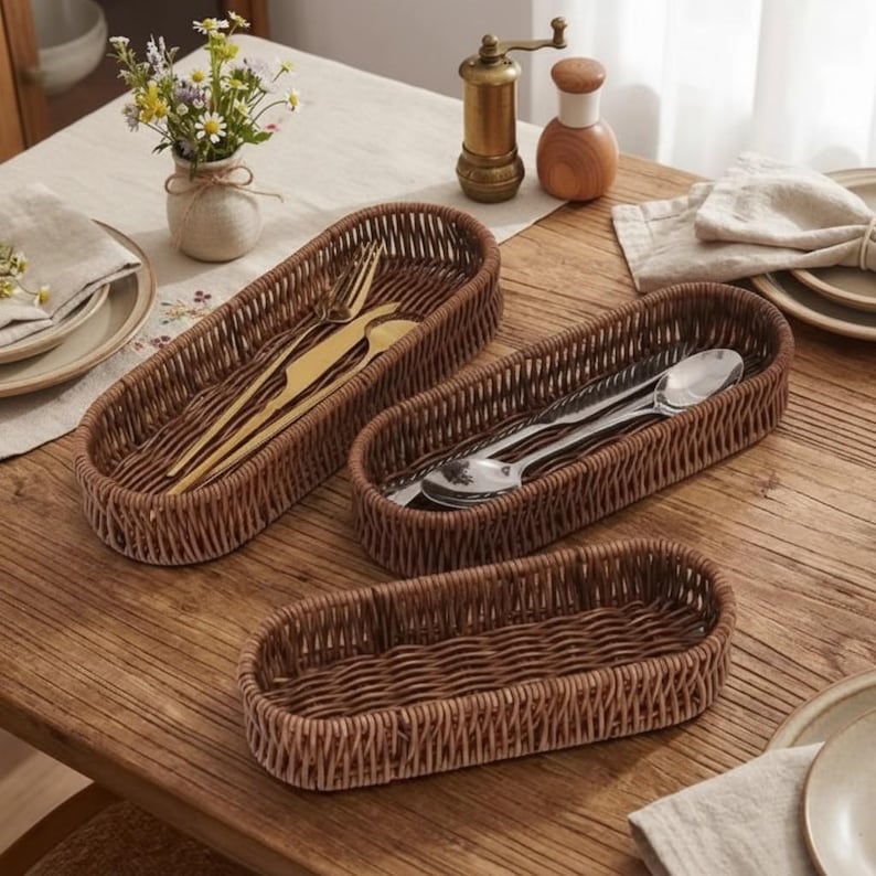 May include: Three woven brown wicker utensil holders on a wooden table. The holders are oval-shaped and contain silverware. A small vase of flowers and other dining accessories are in the background.