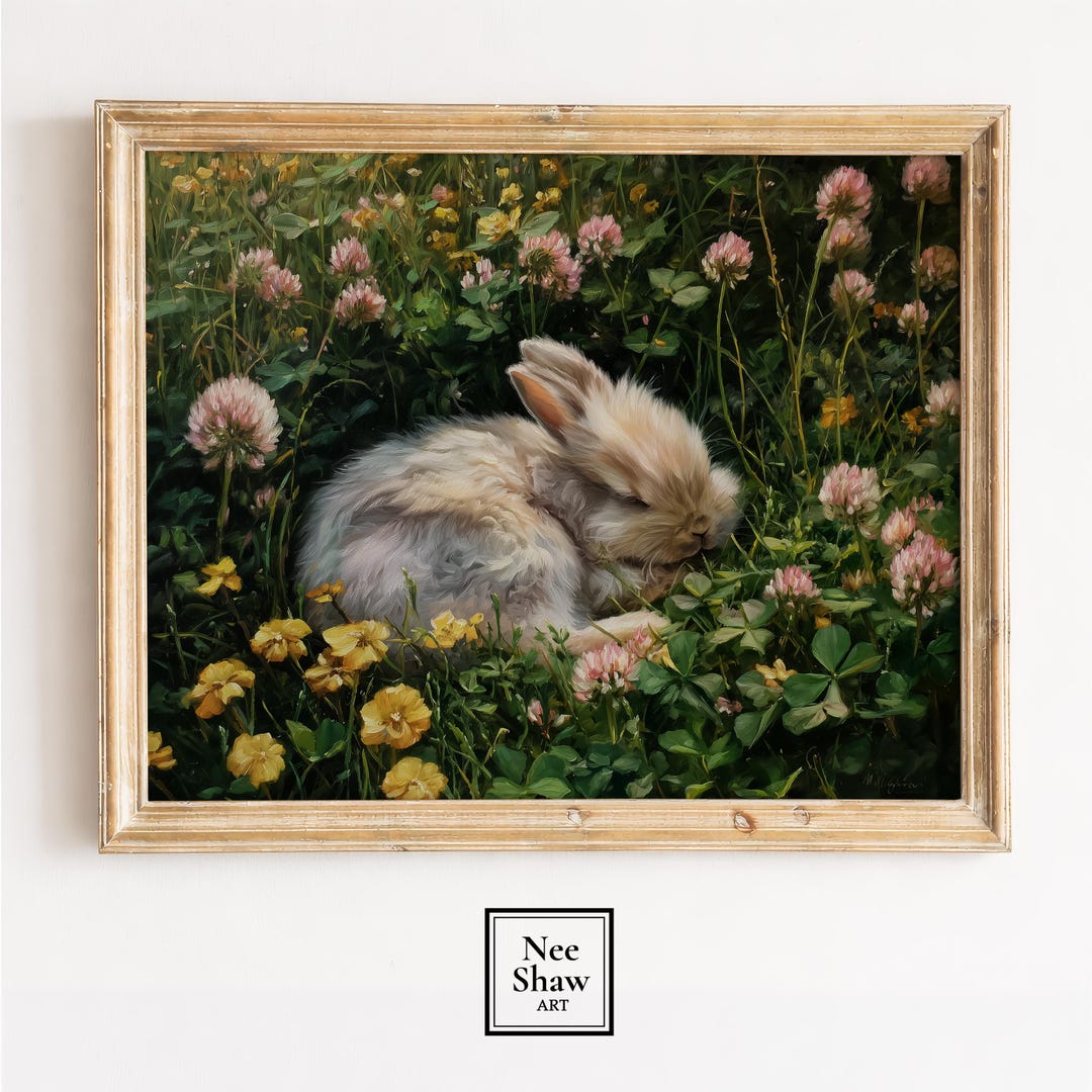 Printable Sleeping Bunny Painting - Cottagecore Pastoral Scene, Pastel ...
