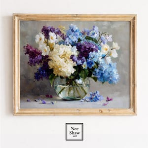 Romantic Hydrangeas and Lilacs Still Life Painting, Vintage Floral Art (Digital Download)