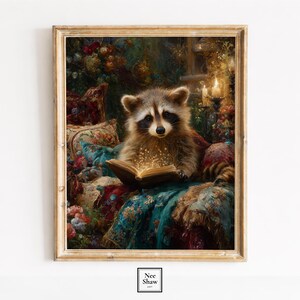 May include: A framed art print featuring a raccoon sitting among plush, patterned cushions and floral arrangements. The raccoon holds an open book that emits a warm, glowing light. The scene is set in a dimly lit, ornate interior space.