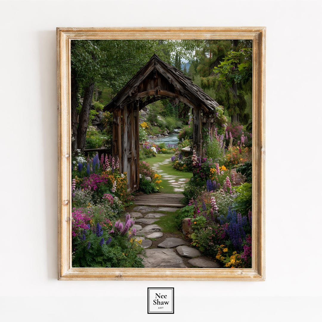 Weathered Garden Archway Pathway Painting, Cozy Cottagecore Floral Art ...