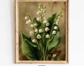 Vintage Lily-of-the-Valley Botanical Print, Rustic Farmhouse Art (Digital Download)