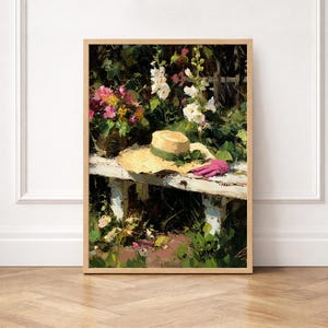 Sun Hat and Pink Gloves on Garden Bench, Rustic Impressionist Art (Digital Download)