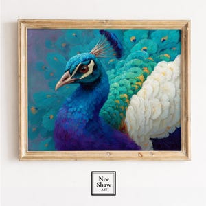 May include: A framed painting of a peacock. The artwork features a vibrant peacock with blue, teal, white, and purple feathers. The bird is set against a teal background. The frame is gold. The text "Nee Shaw ART" is in the bottom corner.